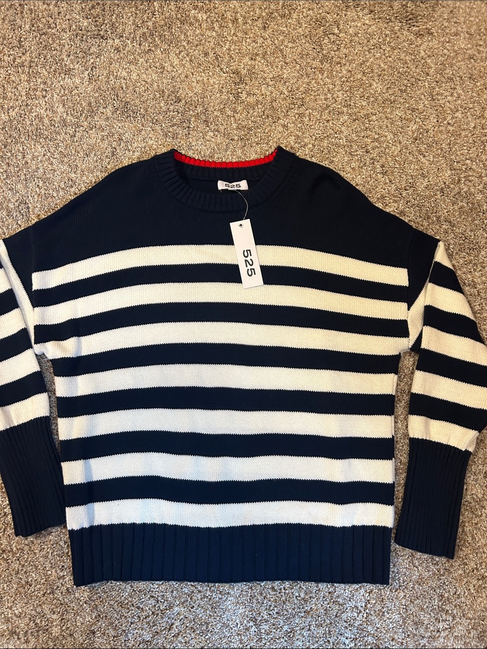 525 America Navy and White Striped Crew Sweater with Red Neck Trim